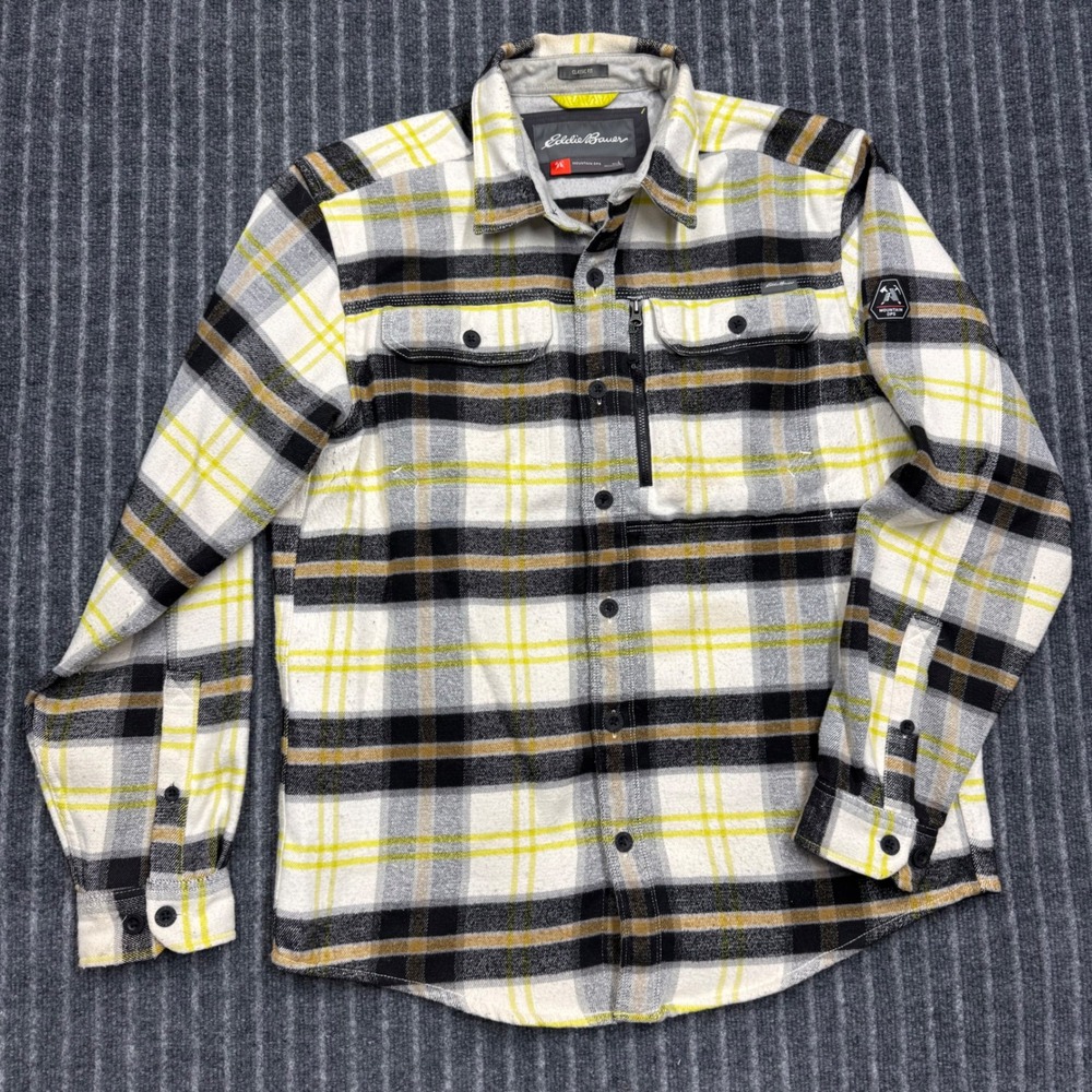 Eddie Bauer Mens Mountain Ops Flannel Shirt L Yellow Black Plaid Stretch Pocket